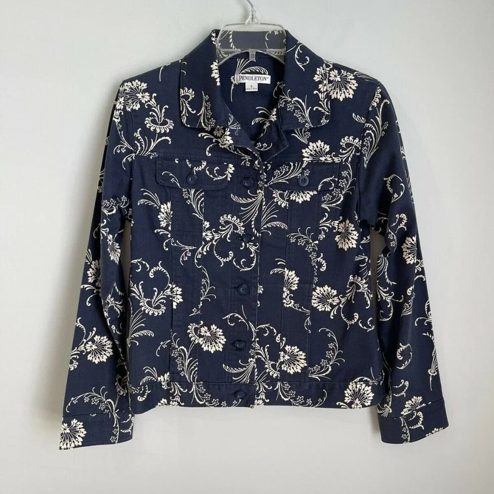 Pendleton Womens Blue Floral Long Sleeve Button Front Jacket - Picture 1 of 5